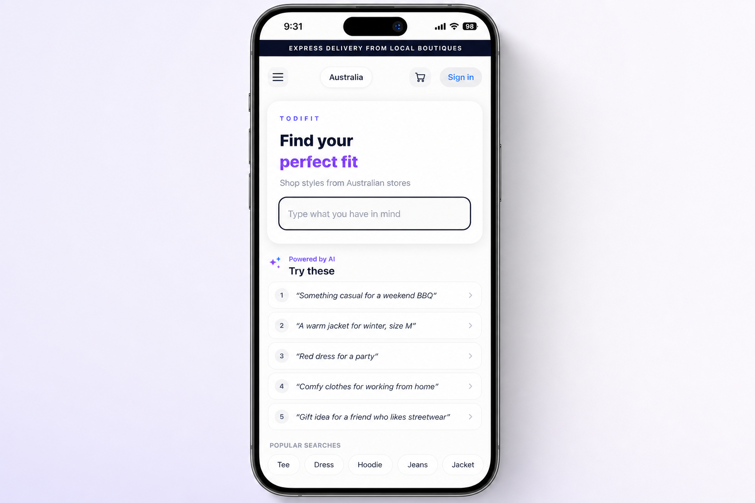 Todifit shopper mobile home page with AI search