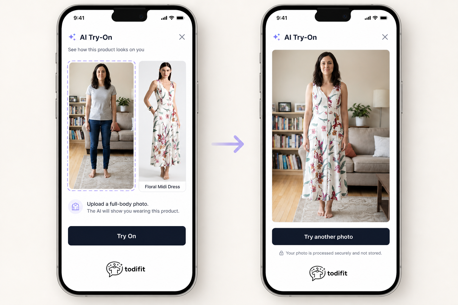 Todifit shopper mobile Virtual Try-On: uploaded photo and product side by side, then the try-on result with a Try another photo option
