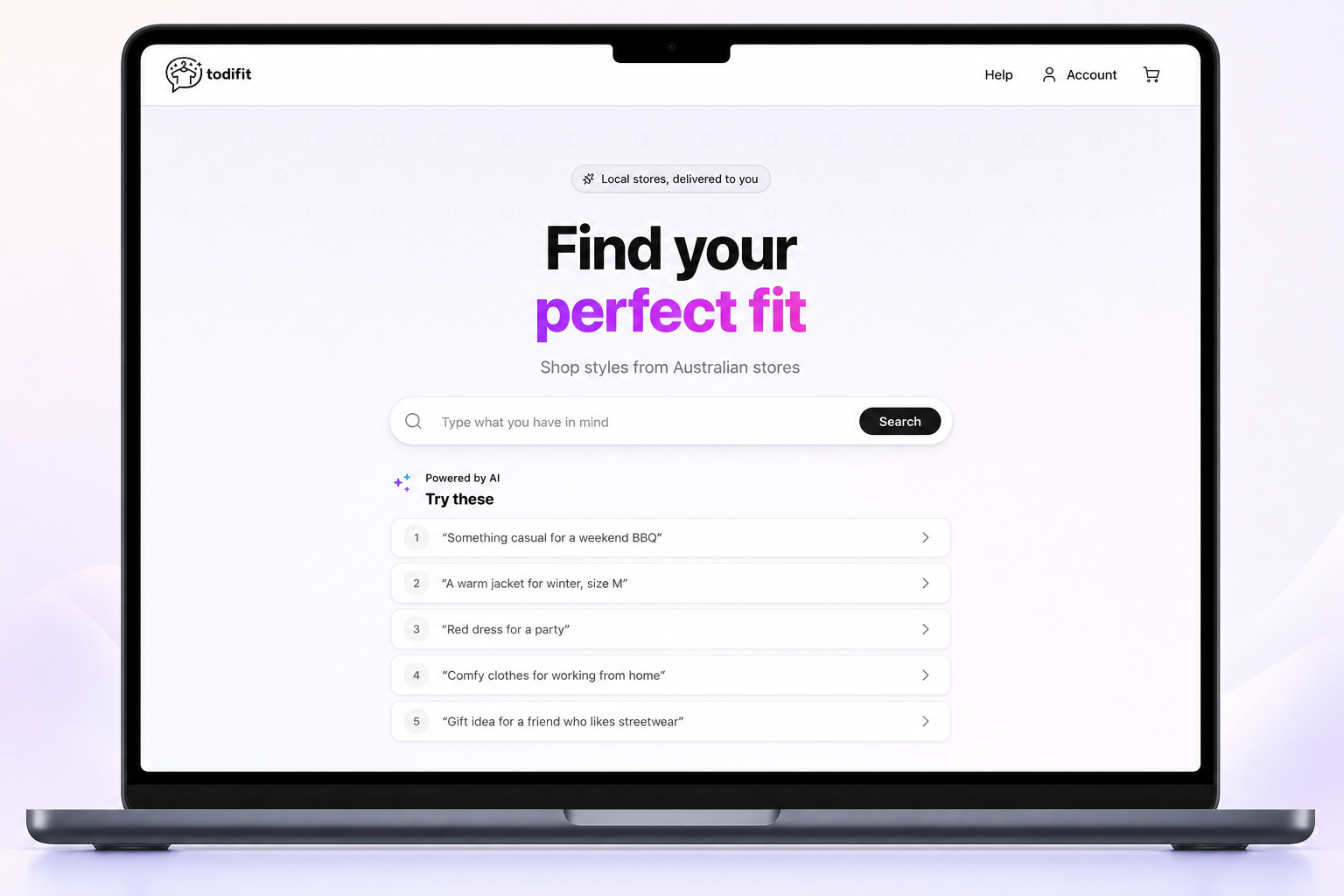 Todifit shopper web home page with AI search